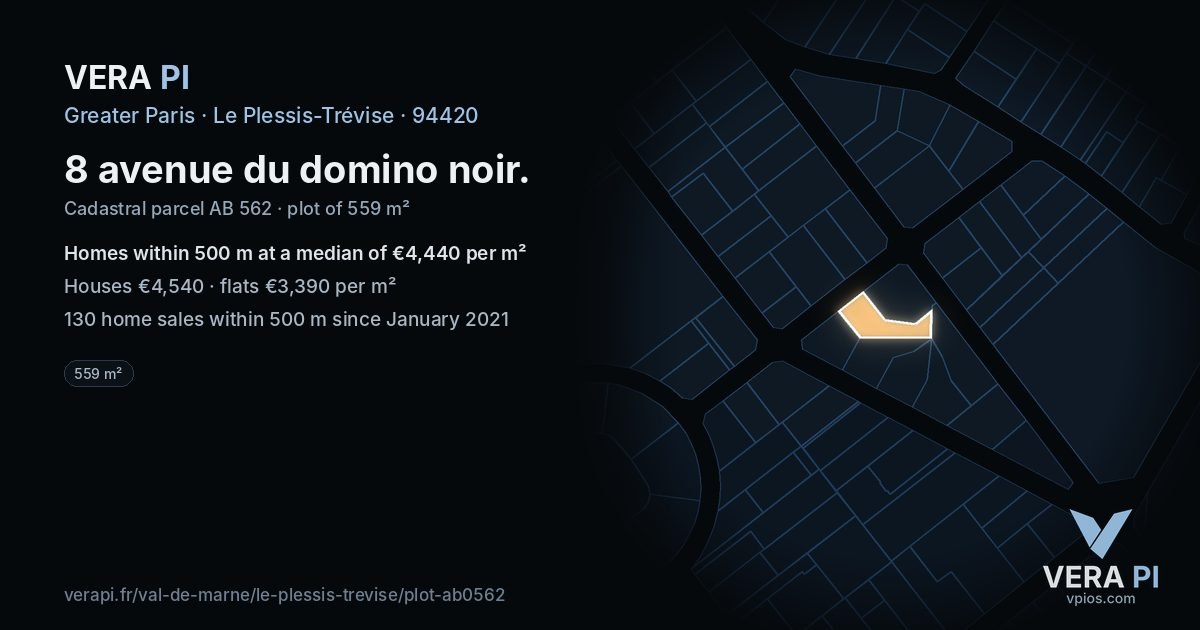 8 avenue du domino noir, Le Plessis-Trévise at night – the plot lit, the parcels around coloured by the prices near them