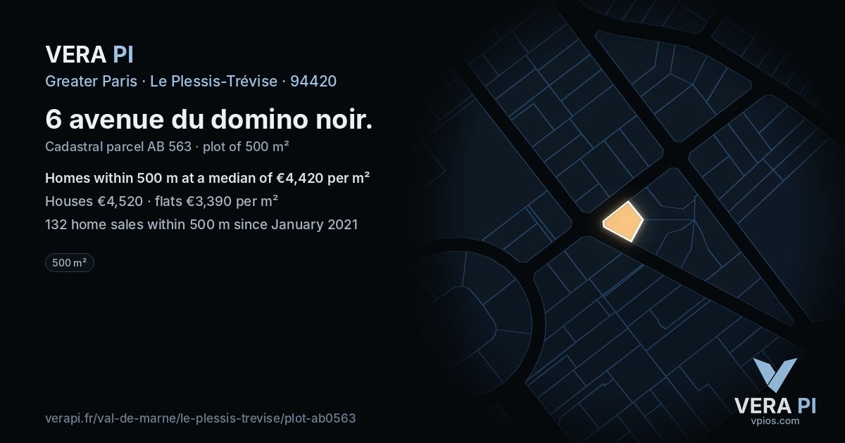 6 avenue du domino noir, Le Plessis-Trévise at night – the plot lit, the parcels around coloured by the prices near them