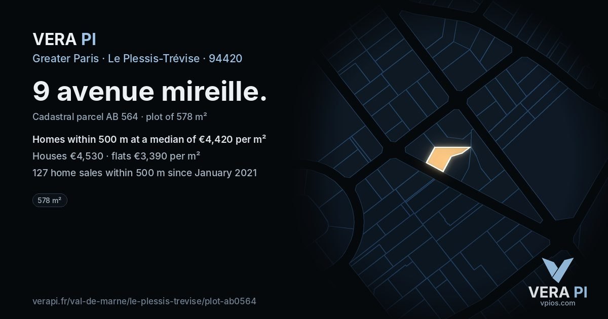 9 avenue mireille, Le Plessis-Trévise at night – the plot lit, the parcels around coloured by the prices near them