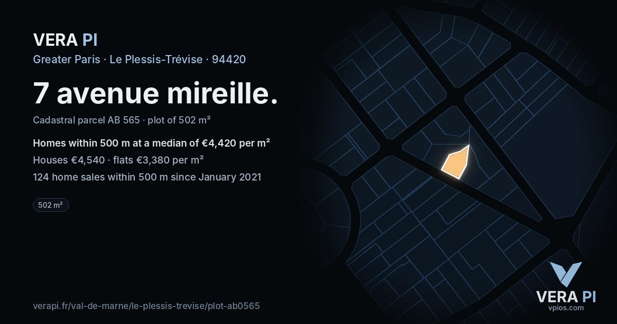 7 avenue mireille, Le Plessis-Trévise at night – the plot lit, the parcels around coloured by the prices near them