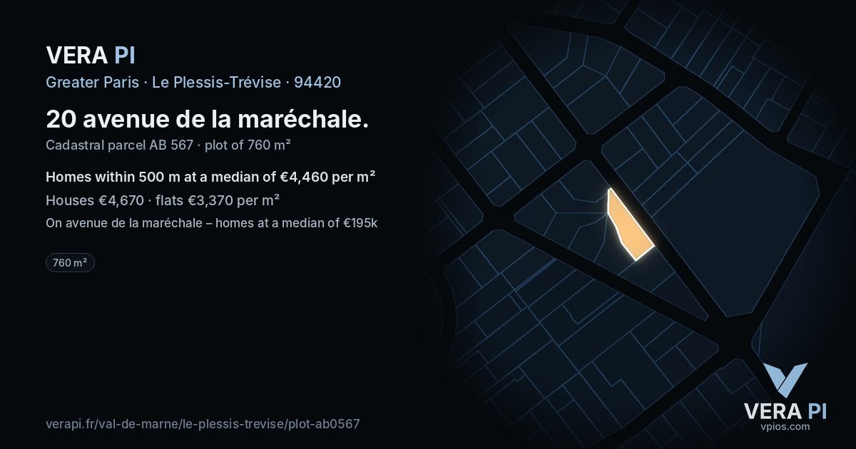 20 avenue de la maréchale, Le Plessis-Trévise at night – the plot lit, the parcels around coloured by the prices near them