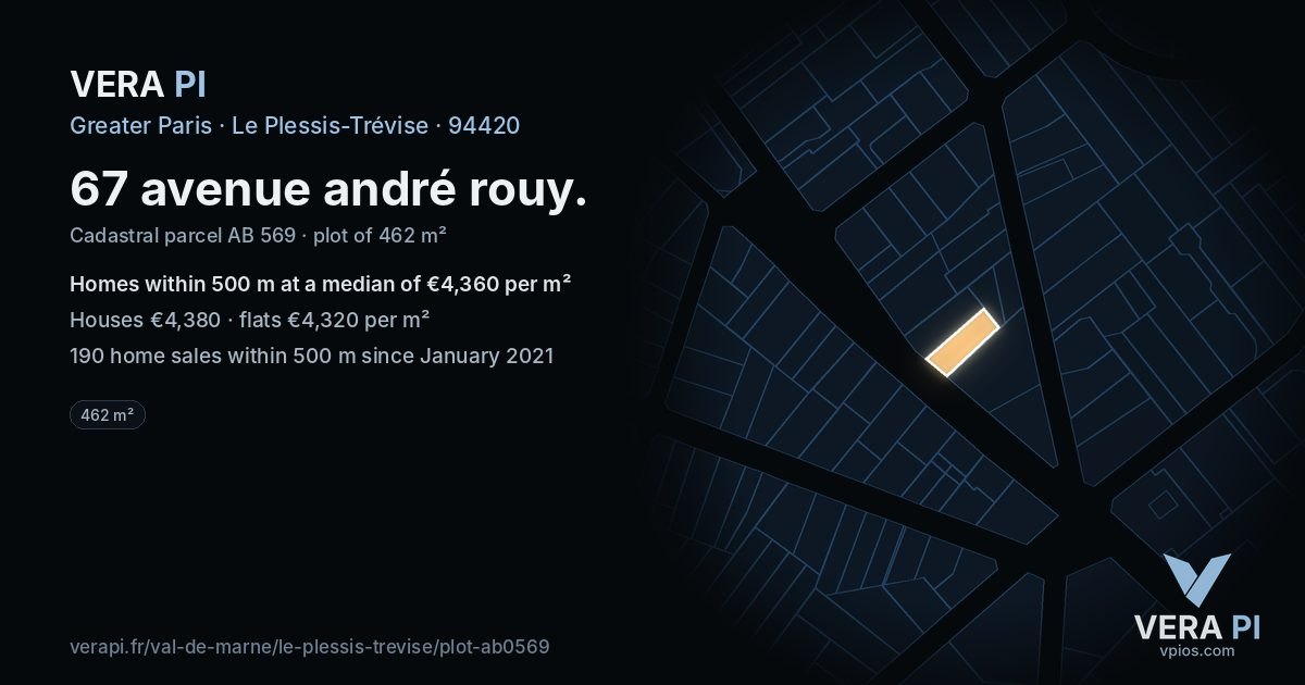 67 avenue andré rouy, Le Plessis-Trévise at night – the plot lit, the parcels around coloured by the prices near them