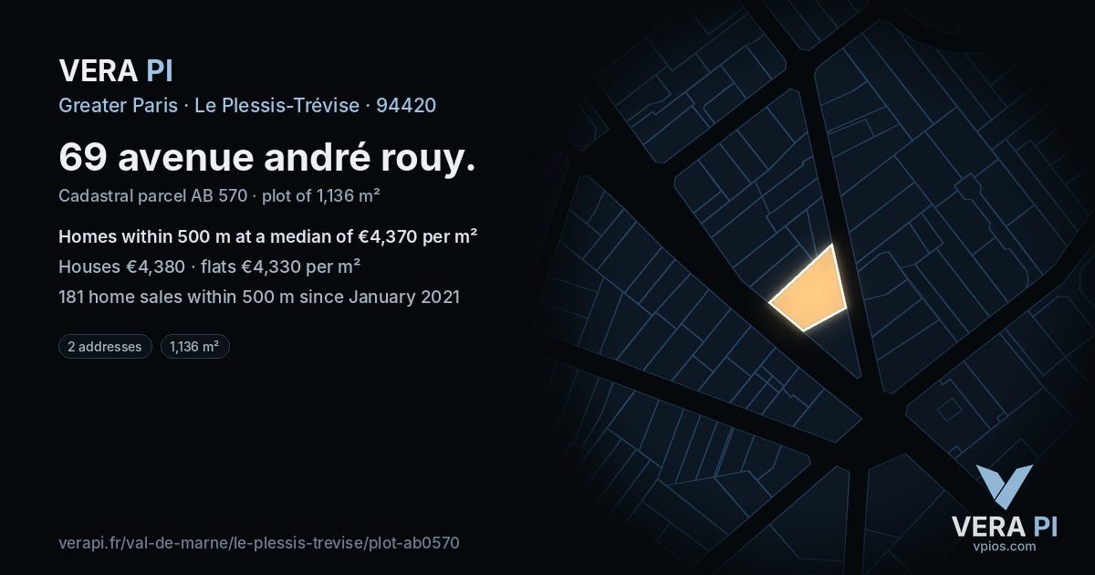 69 avenue andré rouy, Le Plessis-Trévise at night – the plot lit, the parcels around coloured by the prices near them