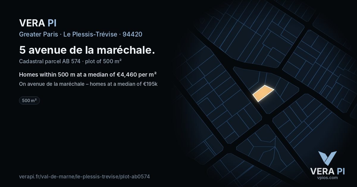 5 avenue de la maréchale, Le Plessis-Trévise at night – the plot lit, the parcels around coloured by the prices near them
