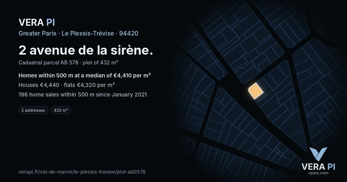 2 avenue de la sirène, Le Plessis-Trévise at night – the plot lit, the parcels around coloured by the prices near them