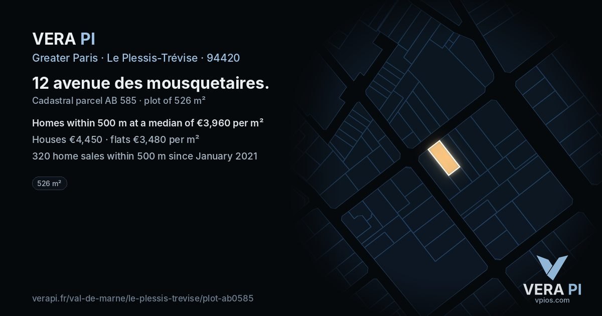 12 avenue des mousquetaires, Le Plessis-Trévise at night – the plot lit, the parcels around coloured by the prices near them
