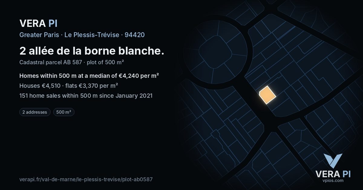 2 allée de la borne blanche, Le Plessis-Trévise at night – the plot lit, the parcels around coloured by the prices near them