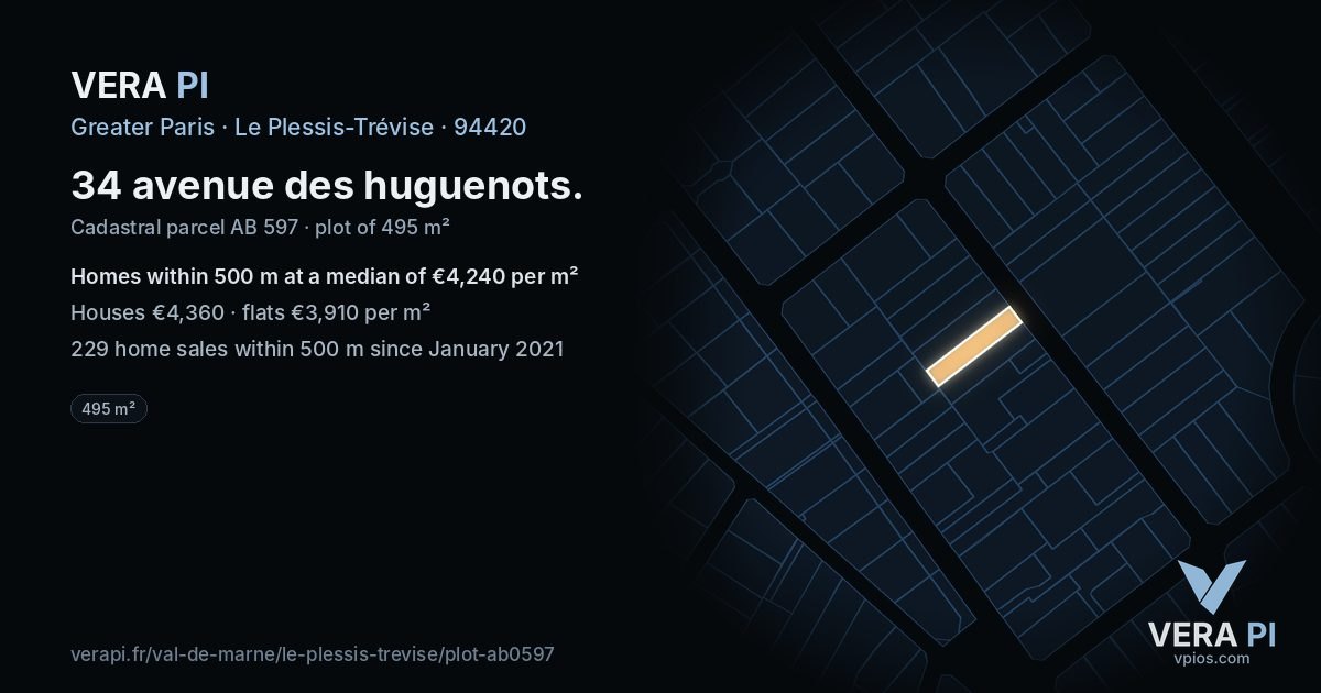 34 avenue des huguenots, Le Plessis-Trévise at night – the plot lit, the parcels around coloured by the prices near them