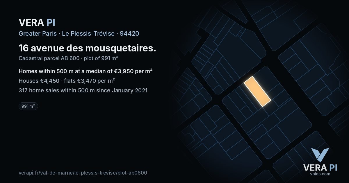 16 avenue des mousquetaires, Le Plessis-Trévise at night – the plot lit, the parcels around coloured by the prices near them