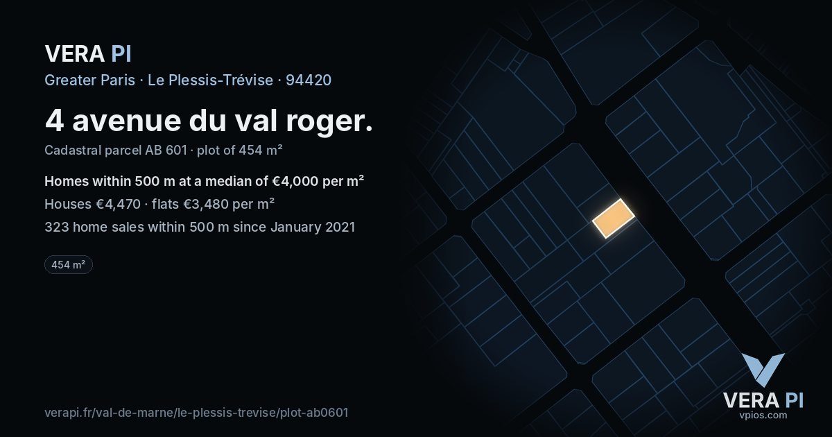 4 avenue du val roger, Le Plessis-Trévise at night – the plot lit, the parcels around coloured by the prices near them