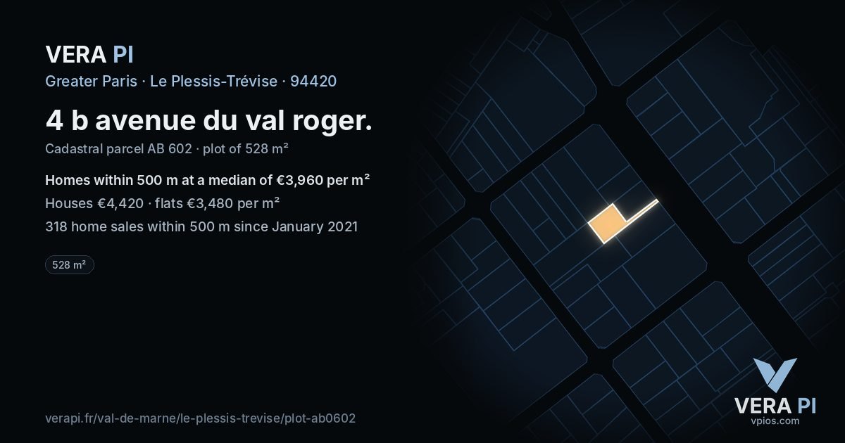 4 b avenue du val roger, Le Plessis-Trévise at night – the plot lit, the parcels around coloured by the prices near them