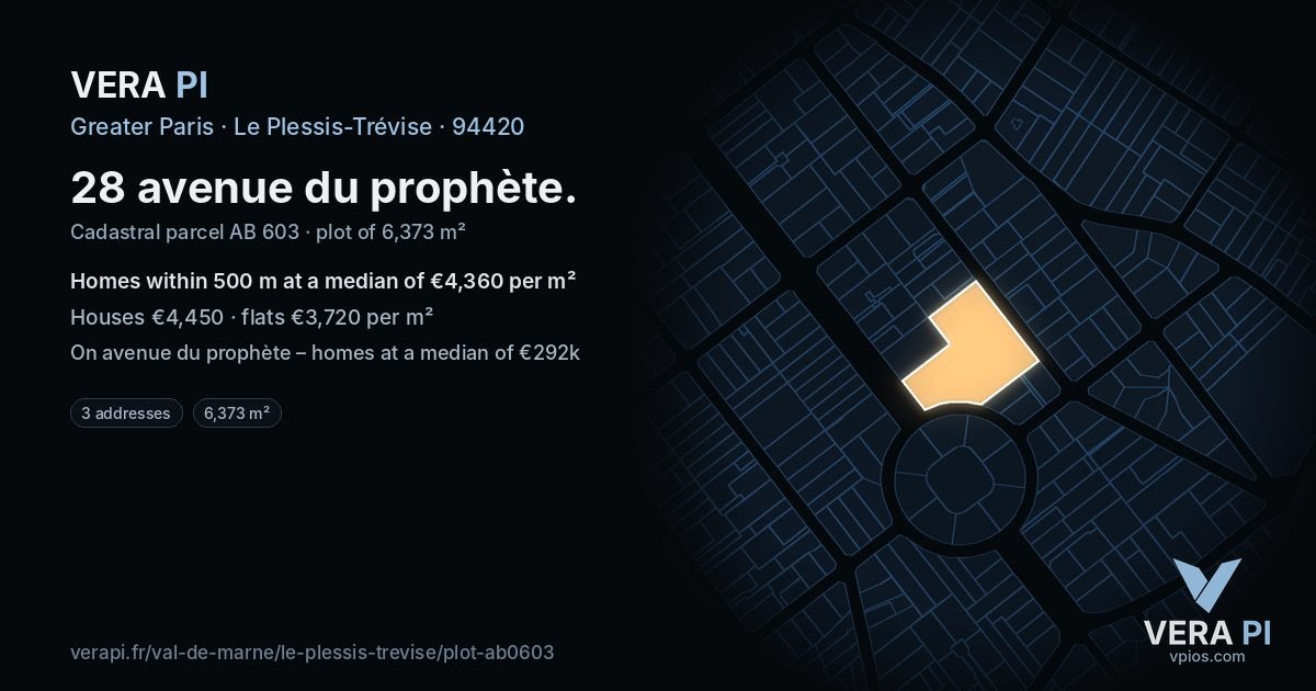 28 avenue du prophète, Le Plessis-Trévise at night – the plot lit, the parcels around coloured by the prices near them
