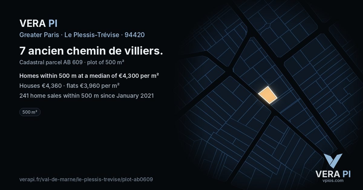 7 ancien chemin de villiers, Le Plessis-Trévise at night – the plot lit, the parcels around coloured by the prices near them