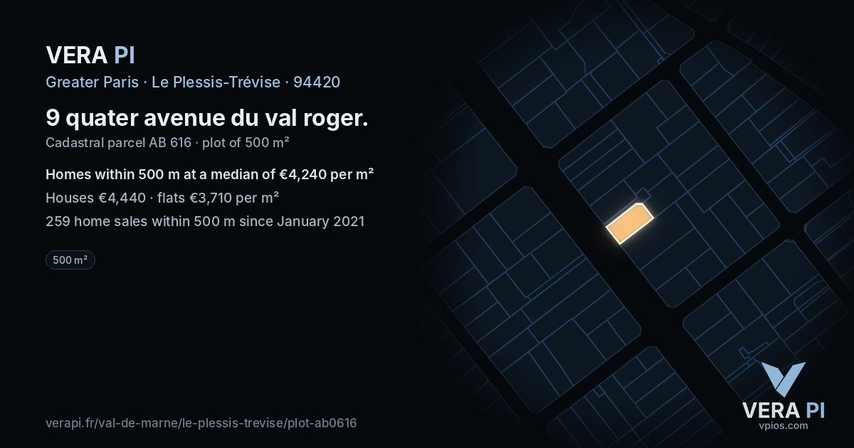 9 quater avenue du val roger, Le Plessis-Trévise at night – the plot lit, the parcels around coloured by the prices near them