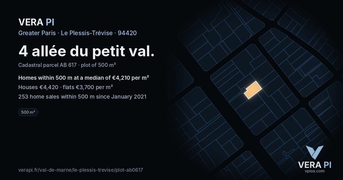 4 allée du petit val, Le Plessis-Trévise at night – the plot lit, the parcels around coloured by the prices near them