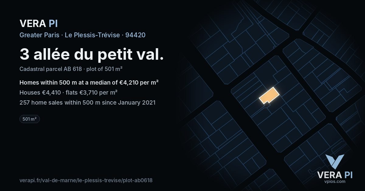 3 allée du petit val, Le Plessis-Trévise at night – the plot lit, the parcels around coloured by the prices near them