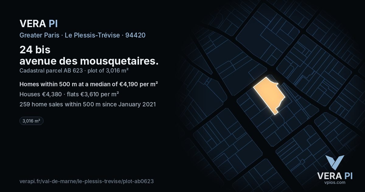 24 bis avenue des mousquetaires, Le Plessis-Trévise at night – the plot lit, the parcels around coloured by the prices near them
