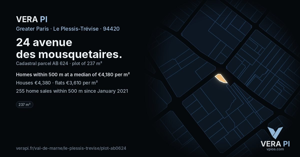 24 avenue des mousquetaires, Le Plessis-Trévise at night – the plot lit, the parcels around coloured by the prices near them