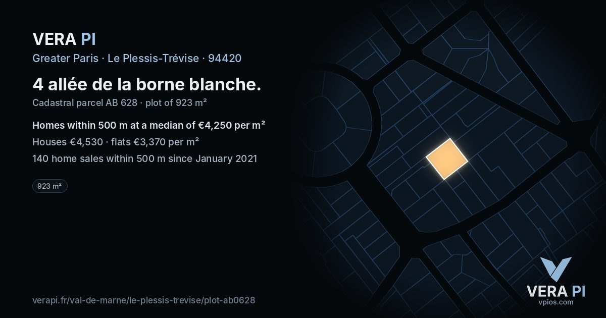 4 allée de la borne blanche, Le Plessis-Trévise at night – the plot lit, the parcels around coloured by the prices near them