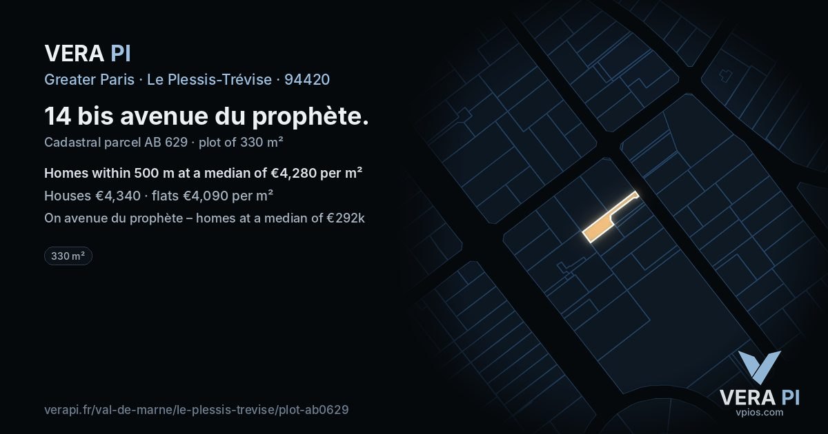 14 bis avenue du prophète, Le Plessis-Trévise at night – the plot lit, the parcels around coloured by the prices near them