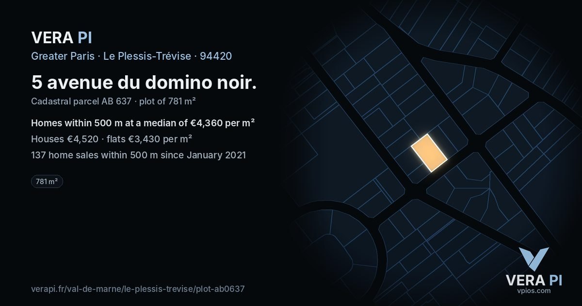 5 avenue du domino noir, Le Plessis-Trévise at night – the plot lit, the parcels around coloured by the prices near them