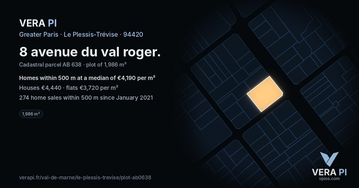 8 avenue du val roger, Le Plessis-Trévise at night – the plot lit, the parcels around coloured by the prices near them