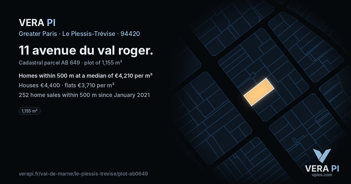 11 avenue du val roger, Le Plessis-Trévise at night – the plot lit, the parcels around coloured by the prices near them