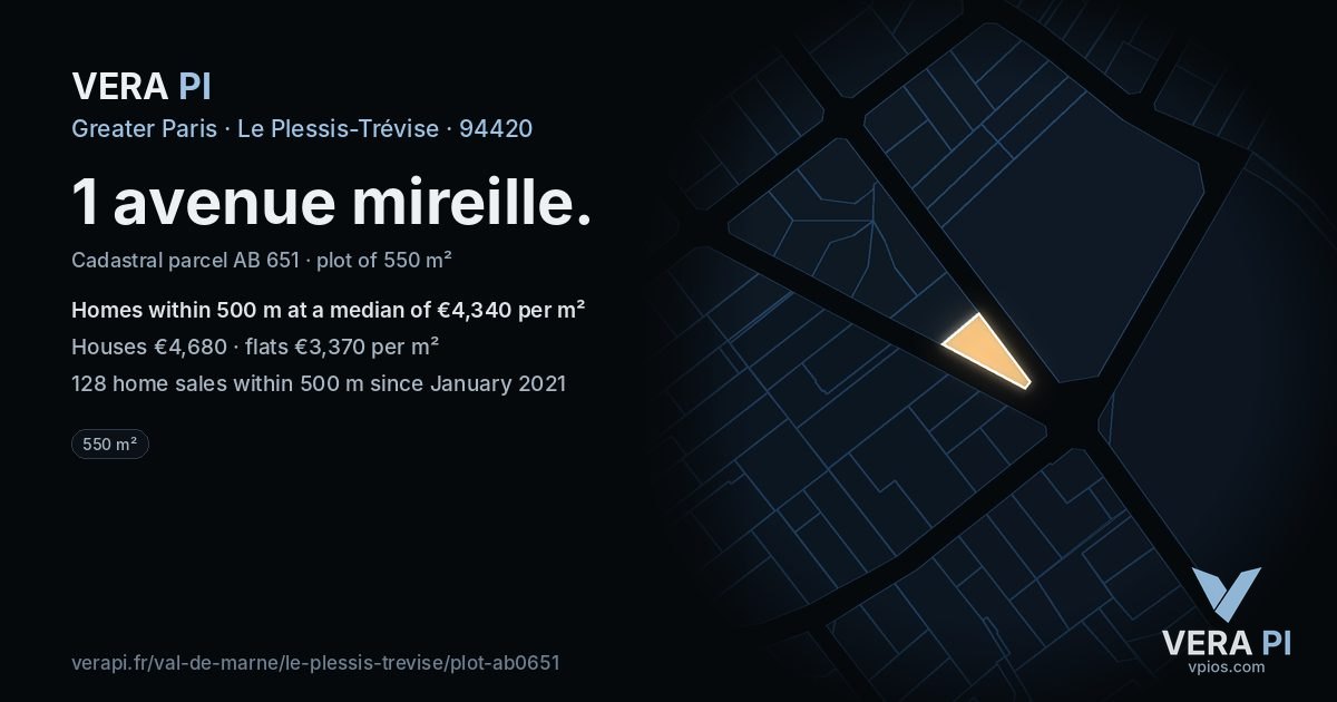 1 avenue mireille, Le Plessis-Trévise at night – the plot lit, the parcels around coloured by the prices near them