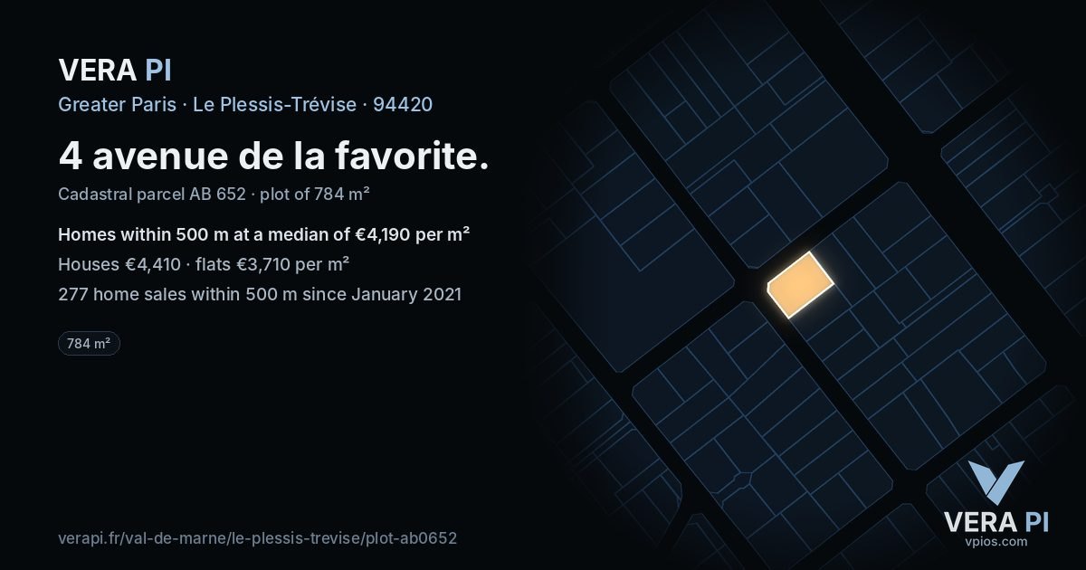 4 avenue de la favorite, Le Plessis-Trévise at night – the plot lit, the parcels around coloured by the prices near them