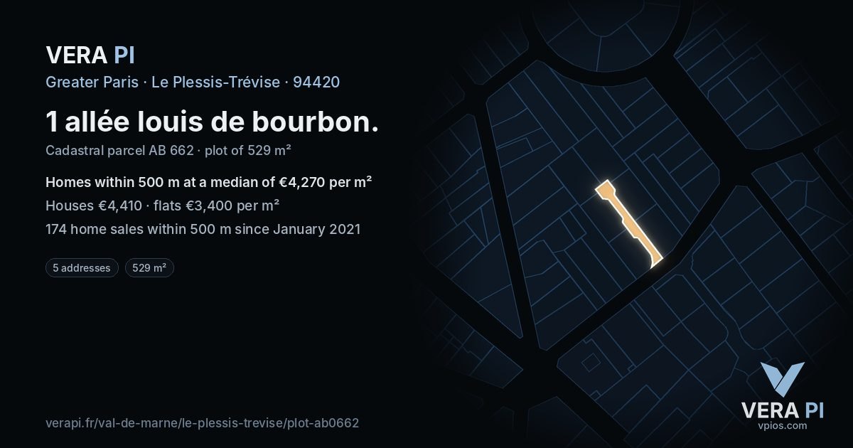 1 allée louis de bourbon, Le Plessis-Trévise at night – the plot lit, the parcels around coloured by the prices near them