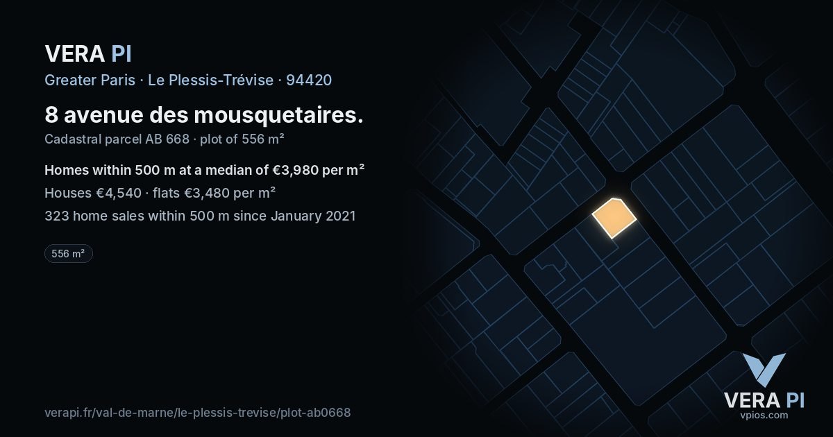 8 avenue des mousquetaires, Le Plessis-Trévise at night – the plot lit, the parcels around coloured by the prices near them