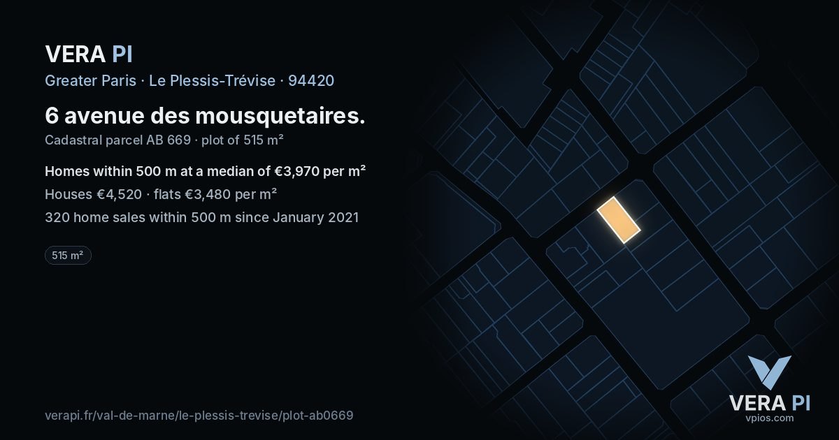6 avenue des mousquetaires, Le Plessis-Trévise at night – the plot lit, the parcels around coloured by the prices near them