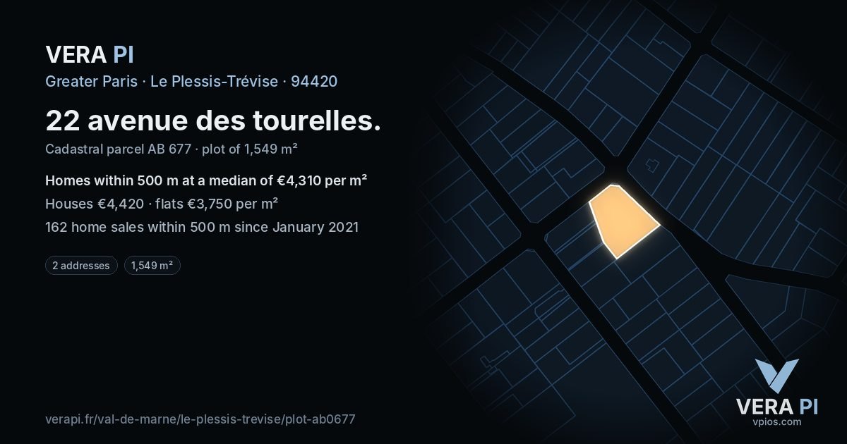 22 avenue des tourelles, Le Plessis-Trévise at night – the plot lit, the parcels around coloured by the prices near them