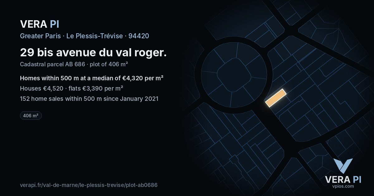 29 bis avenue du val roger, Le Plessis-Trévise at night – the plot lit, the parcels around coloured by the prices near them
