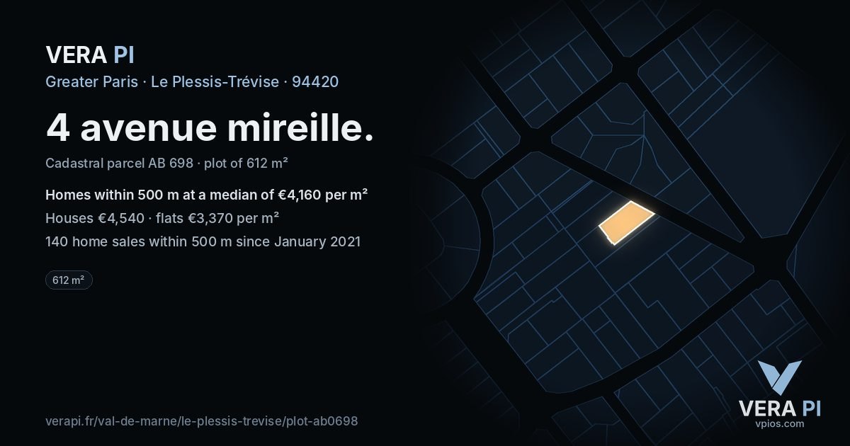 4 avenue mireille, Le Plessis-Trévise at night – the plot lit, the parcels around coloured by the prices near them