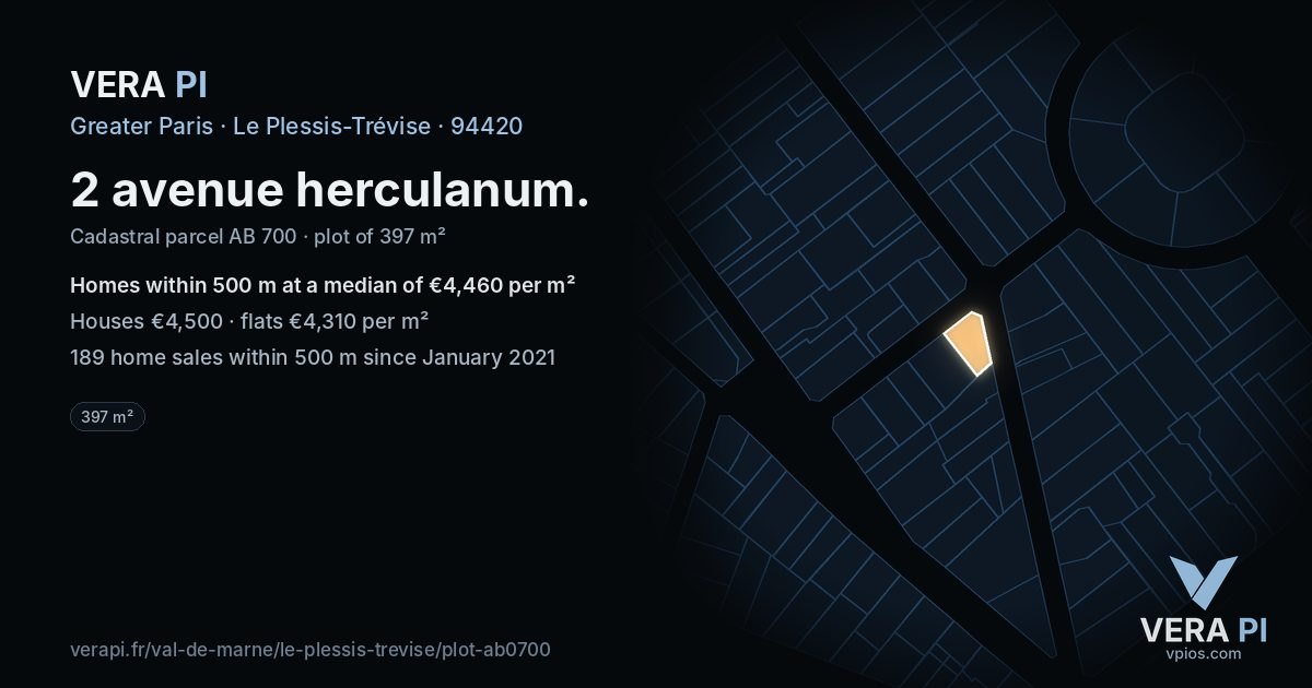 2 avenue herculanum, Le Plessis-Trévise at night – the plot lit, the parcels around coloured by the prices near them