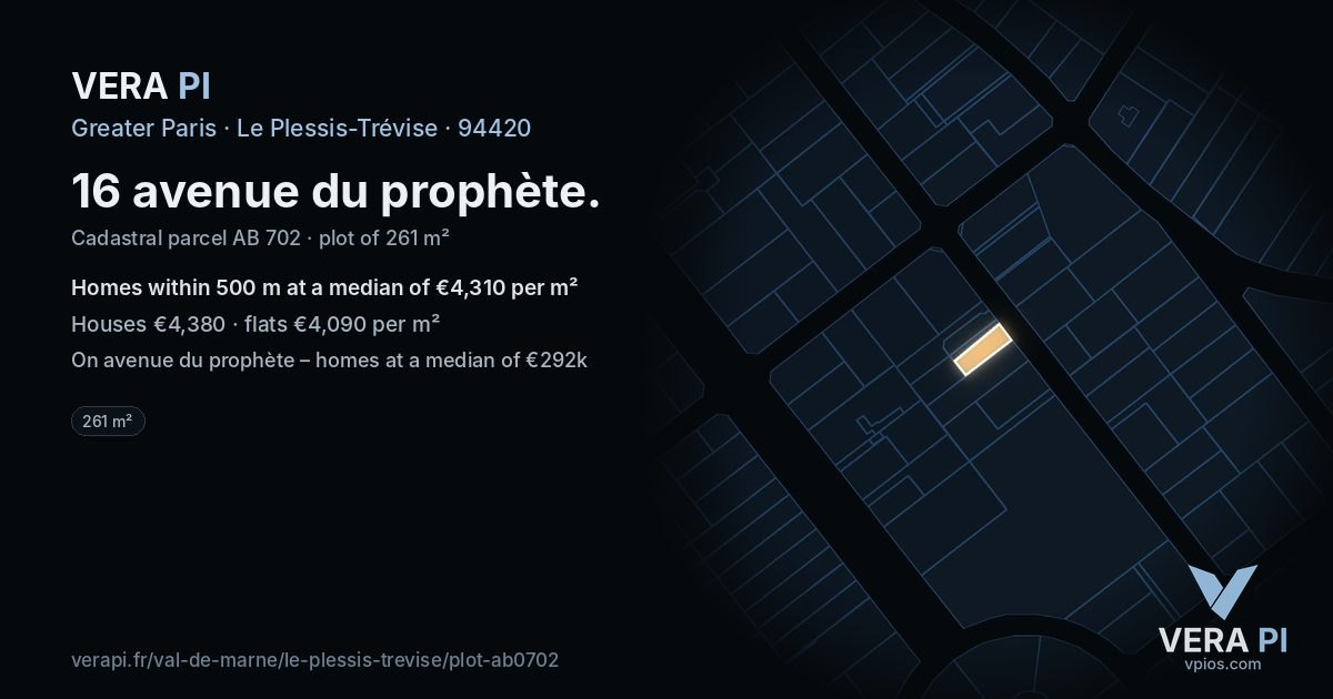 16 avenue du prophète, Le Plessis-Trévise at night – the plot lit, the parcels around coloured by the prices near them
