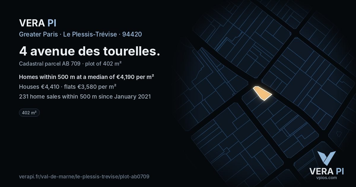 4 avenue des tourelles, Le Plessis-Trévise at night – the plot lit, the parcels around coloured by the prices near them