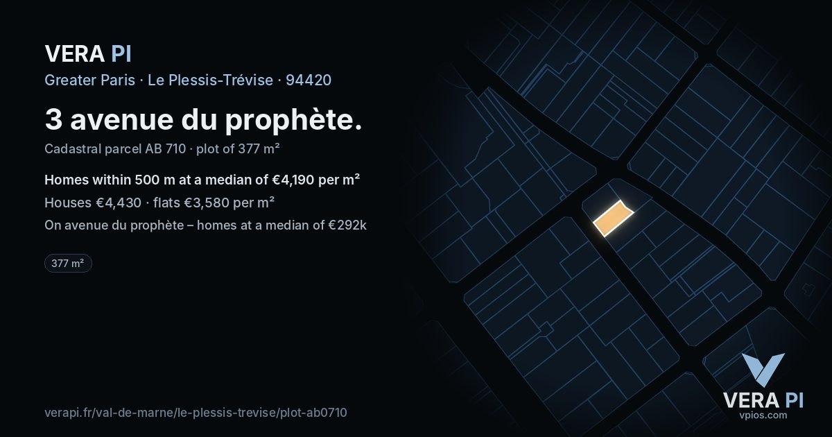 3 avenue du prophète, Le Plessis-Trévise at night – the plot lit, the parcels around coloured by the prices near them