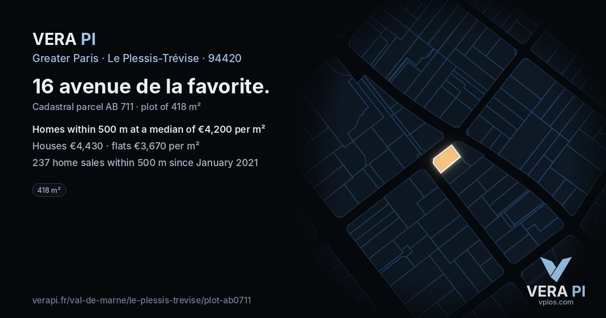 16 avenue de la favorite, Le Plessis-Trévise at night – the plot lit, the parcels around coloured by the prices near them