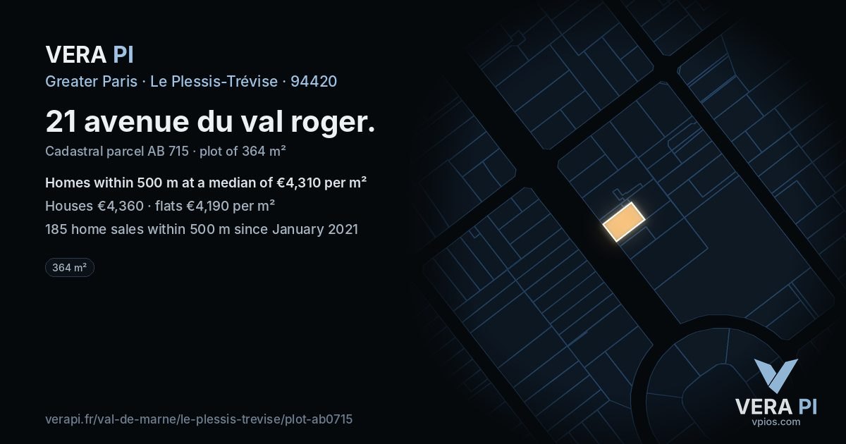 21 avenue du val roger, Le Plessis-Trévise at night – the plot lit, the parcels around coloured by the prices near them