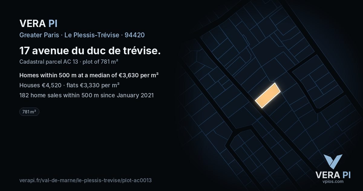 17 avenue du duc de trévise, Le Plessis-Trévise at night – the plot lit, the parcels around coloured by the prices near them