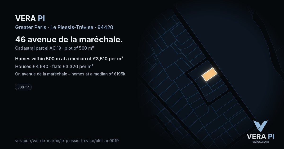 46 avenue de la maréchale, Le Plessis-Trévise at night – the plot lit, the parcels around coloured by the prices near them