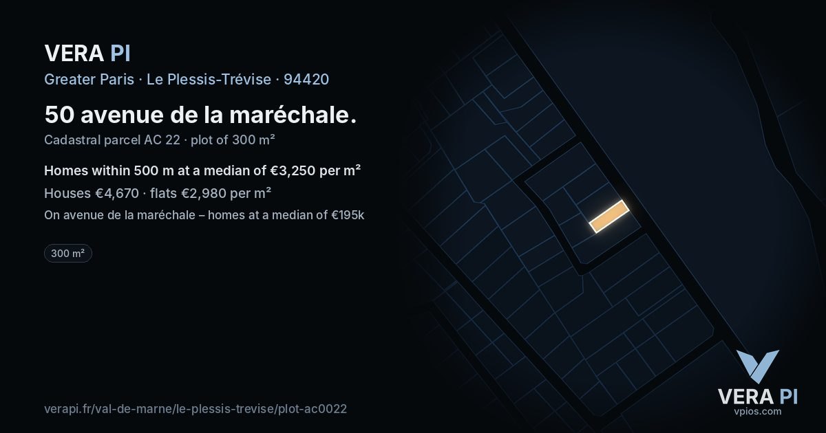50 avenue de la maréchale, Le Plessis-Trévise at night – the plot lit, the parcels around coloured by the prices near them