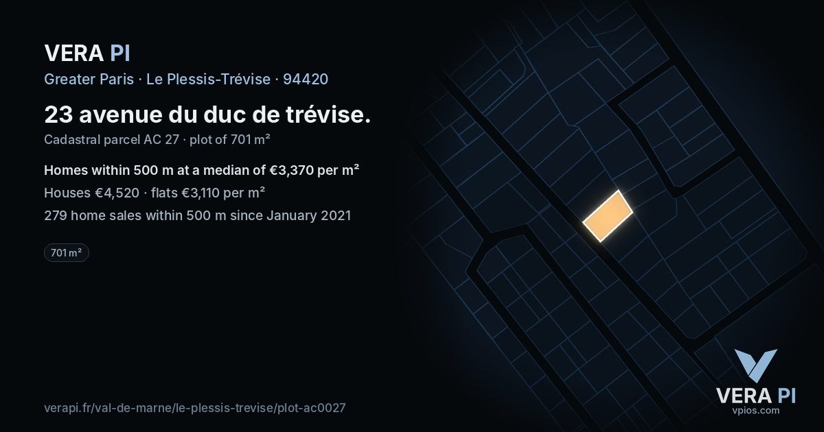 23 avenue du duc de trévise, Le Plessis-Trévise at night – the plot lit, the parcels around coloured by the prices near them