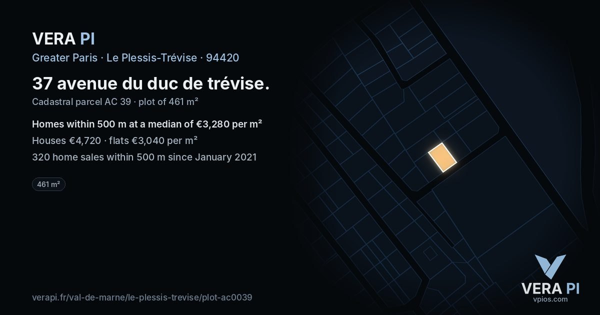 37 avenue du duc de trévise, Le Plessis-Trévise at night – the plot lit, the parcels around coloured by the prices near them
