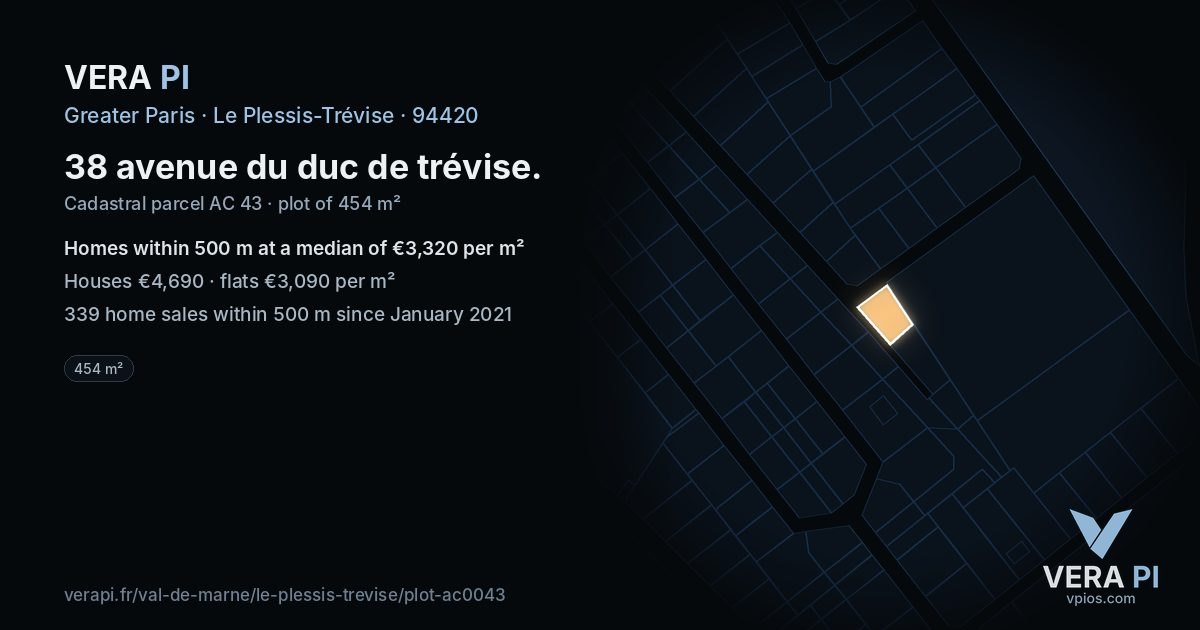 38 avenue du duc de trévise, Le Plessis-Trévise at night – the plot lit, the parcels around coloured by the prices near them