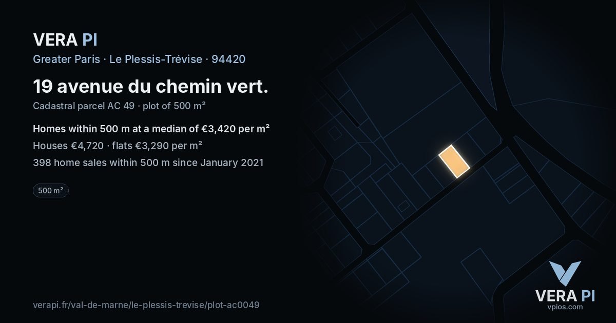 19 avenue du chemin vert, Le Plessis-Trévise at night – the plot lit, the parcels around coloured by the prices near them