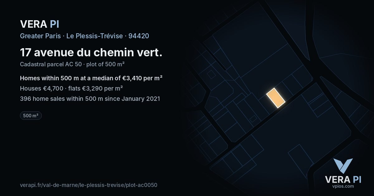 17 avenue du chemin vert, Le Plessis-Trévise at night – the plot lit, the parcels around coloured by the prices near them