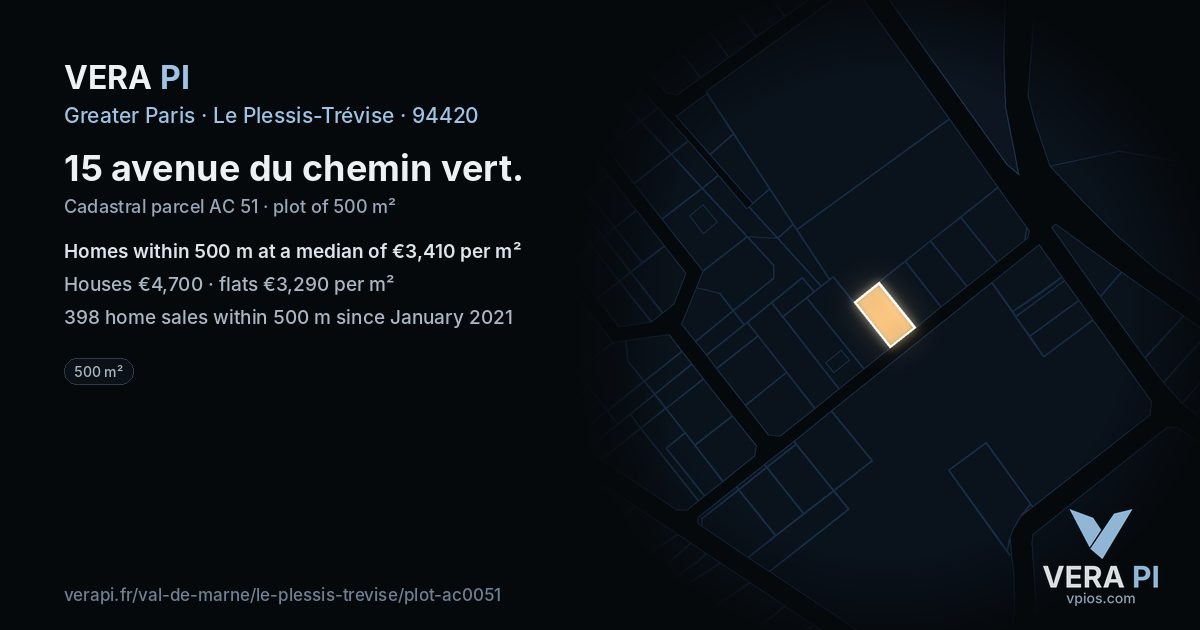 15 avenue du chemin vert, Le Plessis-Trévise at night – the plot lit, the parcels around coloured by the prices near them
